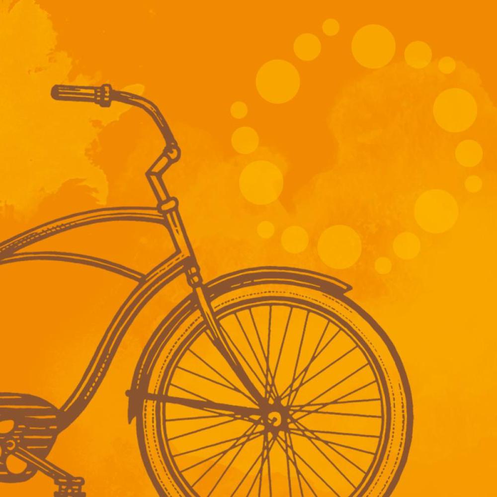 一个橙色的图形，带有油漆斑点和一辆自行车的插图.